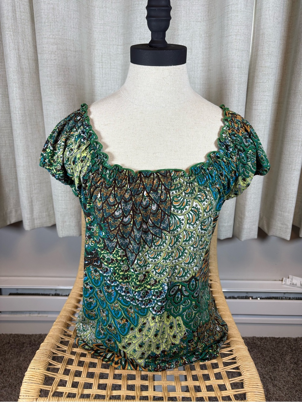 Carol Rose Green Patterned Short Sleeve Peasant Top